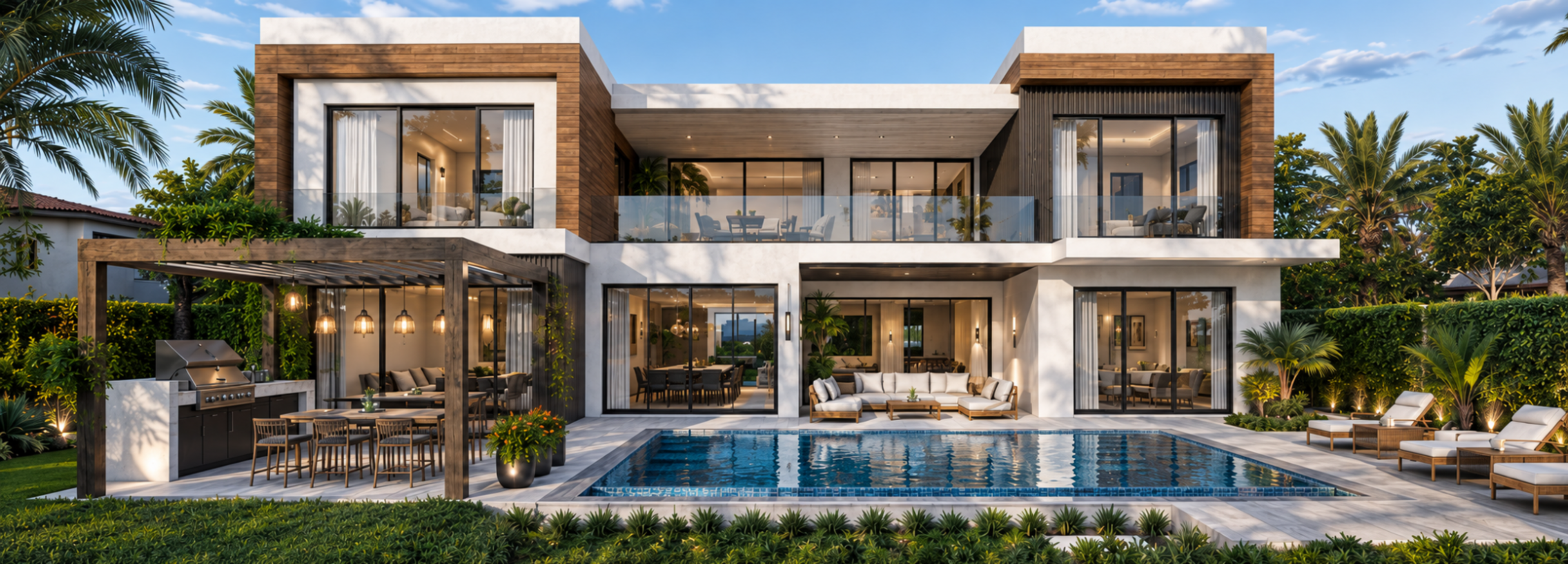 Luxury waterfront estate with pool and tropical landscaping